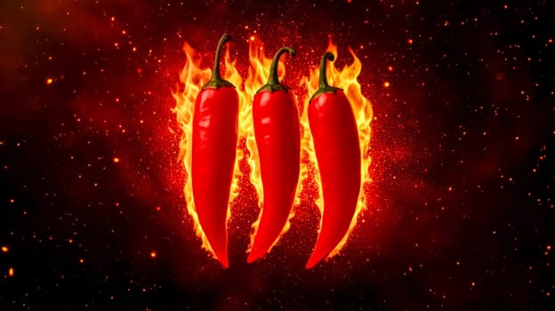 Three whole red chili peppers surrounded by vibrant flames creating a fiery and intense image against a dark, sparkling background, symbolizing heat, spice, and flavor