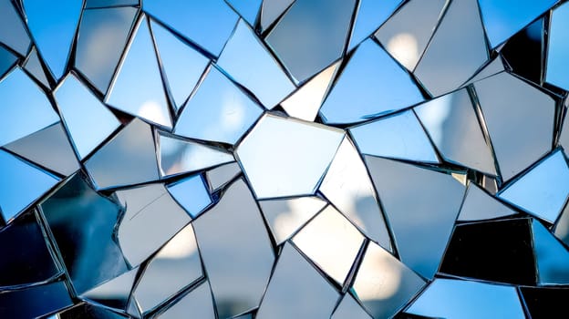 Irregular mirror shards reflect a fragmented kaleidoscopic blue sky, creating an abstract, geometric pattern with contrasting light and shadow