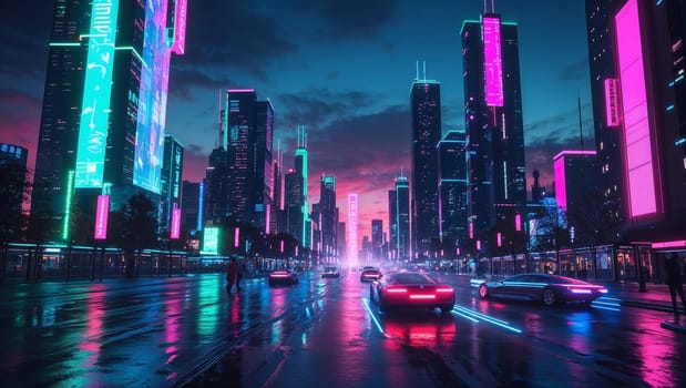 Fast cars driving on a wet asphalt road in a futuristic city with neon lights at dusk. Ai generated image