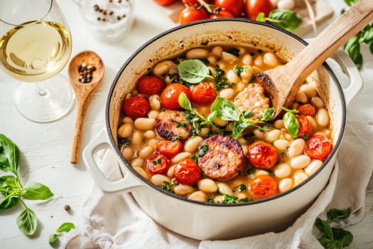 A hearty white bean stew simmers in a pot, featuring grilled sausage, ripe tomatoes, and fresh basil. A glass of white wine and cherry tomatoes complete the inviting kitchen ambiance.