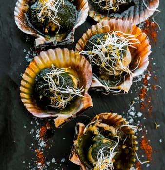 Fresh delicious scallops and seafood served with traditional Canarian green sauce and soy sprouts and herbs. Dish with cooked scallops in shells, served with a lemon and ocean salt, closeup view.