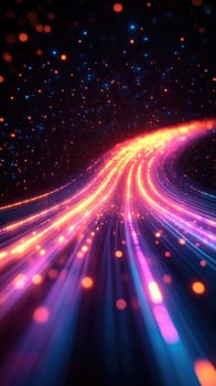 Colorful light trails weave through a dark cosmic space filled with stars, creating a mesmerizing visual effect resembling a vibrant galaxy. The flowing colors evoke a sense of dynamic movement.