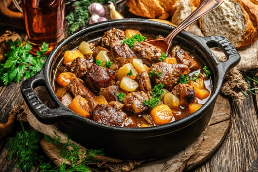 A black pot filled with tender beef chunks, carrots, and onions simmers on a wooden table. Fresh herbs and rustic bread surround the dish, inviting a cozy meal.