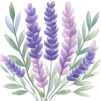 A beautifully arranged bouquet of lavender in shades of purple and pink, surrounded by soft green leaves. The gentle watercolor style highlights the natural elegance of the flowers.
