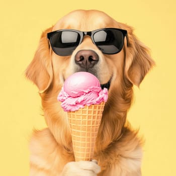 A cheerful golden retriever wearing sunglasses holds a cone with pink ice cream. The vibrant yellow backdrop enhances the fun and playful atmosphere of summer.