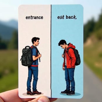 Two youth stand on either side of a border, one representing entry and the other depicting the weight of illegal emigration.