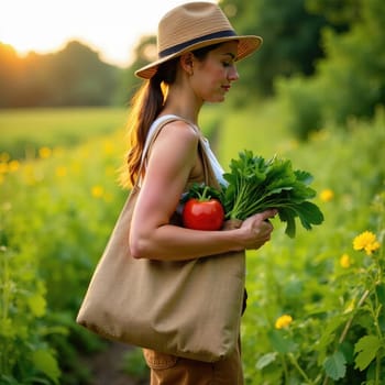 A woman wearing a hat walks through a garden at sunset, carrying a reusable bag filled with fresh produce, promoting eco-friendly practices.