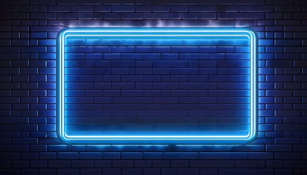 A square turquoise neon light frame glows against a dark brick wall, creating a simple, modern design. Generative AI.
