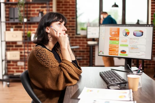 Female employee sits at office desk having brainstorming session as desktop monitor displays market data. Woman with pen, deeply thinking about project ideas for startup company at brick wall room.