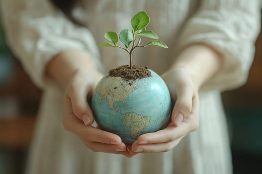 Girl holding globe with green tree sapling. Concept of love for peace and nature. Environment, Earth day.
