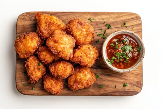 Golden brown chicken nuggets arranged on a wooden cutting board, accompanied by a small bowl of herb seasoning and sea salt on a rustic table..