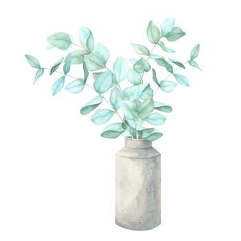 Green eucalyptus foliage in a balanced bouquet set in a cement vase, painted in watercolor. This clipart composition is ideal for digital scrapbooking, eco-friendly branding, wedding stationery, and merchandise