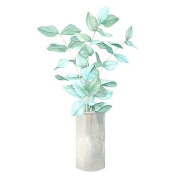 A hand-painted watercolor clipart of eucalyptus stems forming a lush bouquet in a cement vase. This natural composition is great for invitations, logo design, digital planners, and home decor.