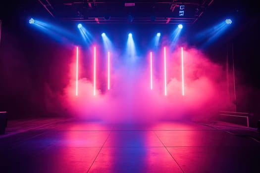 Background of an empty room with neon lights on the walls, laser lines and multi-colored smoke.