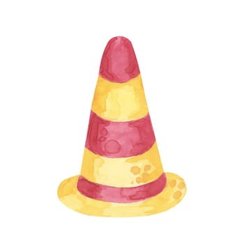 Traffic cone with red and yellow stripes in cartoon style. Watercolor clipart perfect for use in educational resources, construction-themed decorations, traffic or safety materials
