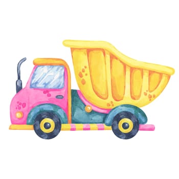 Dump truck car in cartoon style with yellow and pink accents. Building site vehicle, traffic watercolor clipart perfect for construction-themed designs, kids' room decor, or educational resources.