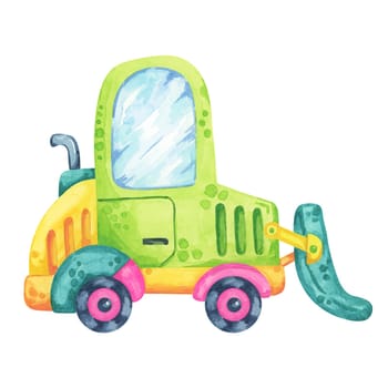 Forklift in green and yellow colors, cartoon style car. Construction site vehicle watercolor clipart, suitable for warehouse-themed designs, children's materials, or roadworks illustrations.