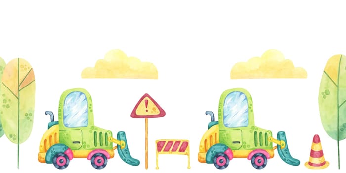 Excavator, warning signs, trees and clouds in watercolor. Construction site, roadworks seamless border clipart in cartoon style. Cute forklift car illustration for children's rooms, clothing or fabric