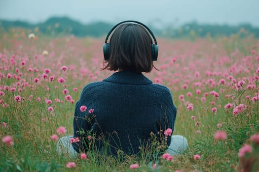 Back view of young asian girl with bob haircut sitting in blooming field with headphones on her head on cloudy day. Concept of music and nature