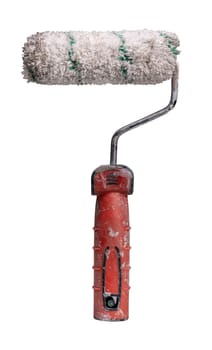 Used paint roller with red handle on transparent background