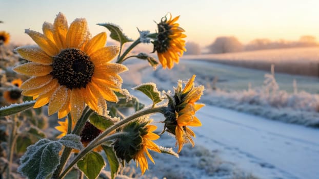 Sunflowers adorned with frost glow in the soft morning light, contrasting against a serene winter landscape. A snow-covered road winds through the peaceful countryside, evoking tranquility.
