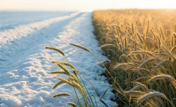 Snow blankets one side of the field while golden wheat sways on the other, showcasing natures seasonal transformation. The tranquil landscape paints a beautiful contrast of two seasons.