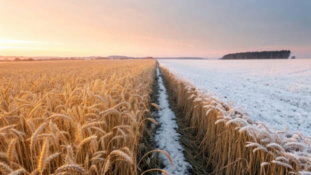 A stunning landscape showcases the contrast between golden wheat fields and a snowy terrain, illustrating the transition from autumn to winter at twilight. Natures beauty is on full display.