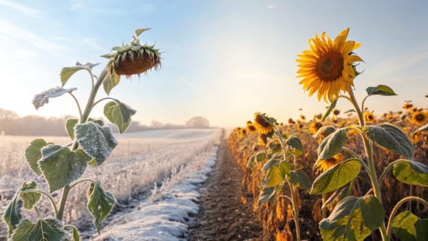 In a vibrant field, sunflowers stand tall, bathed in golden sunlight as morning frost sparkles on the leaves.