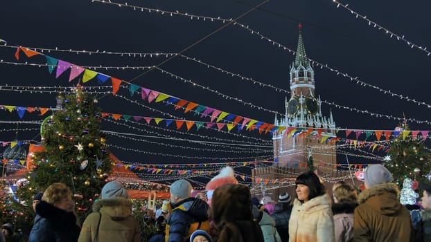 Christmas fair on the red square against the background of the Kremlin