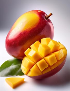 A ripe mango with a vibrant red and yellow skin is shown, with one half cut into neat cubes, placed on a green leaf. Generative AI