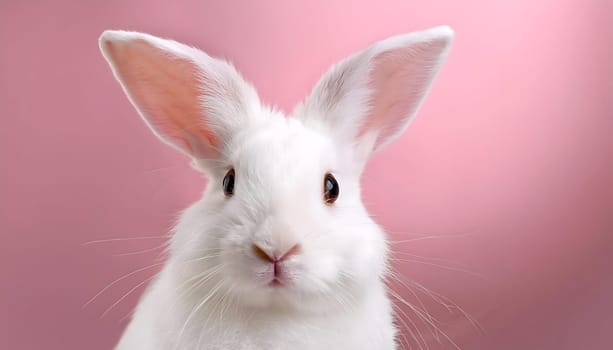 A close-up of a white rabbit against a soft pink backdrop, its delicate features and inquisitive gaze captured in detail. Generative AI.
