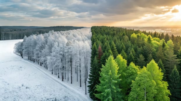 Lush green trees on one side contrast with frosted white trees on the other, showcasing the stark difference between winter and summer in a serene forest during twilight.