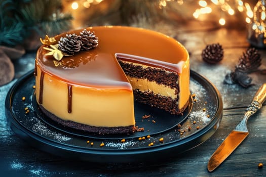 Luxurious caramel cake showcases an ultra-smooth, glossy mirror glaze that captures the soft glow of warm lighting. With a deep amber hue cascading over its flawless surface, the cake sits elegantly on a matte black ceramic plate. A vintage silver dessert knife rests nearby, complemented by a subtle dusting of cocoa powder and a single gold leaf that add to its artisanal quality. Dramatic lighting enhances the cake's sheen against a blurred rustic wooden backdrop, inviting a sense of warmth and delight.