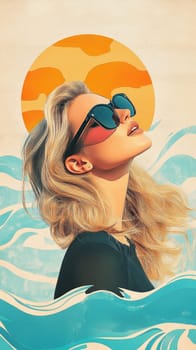 A glamorous blonde tilts her head back slightly, basking in the warm summer sun. Her stylish sunglasses catch the vibrant reflections of sunlight, enhancing her chic look. The backdrop features a sophisticated blend of muted retro hues and artistic ocean waves, creating a serene yet trendy atmosphere. This captivating scene embodies the essence of summer, inviting viewers to bask in the bliss of sunshine and carefree days by the sea.