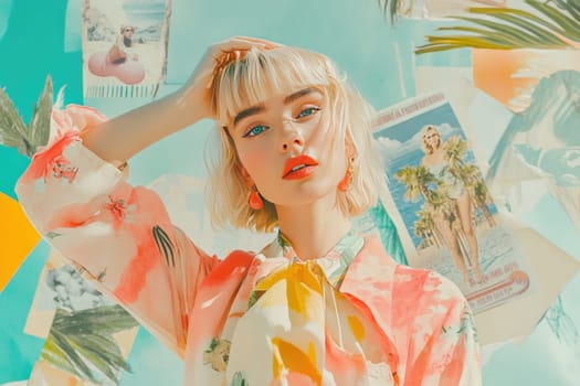 A glamorous blonde woman stands confidently, adjusting her stylish scarf as she poses in front of an abstract collage showcasing vintage vacation posters. The bright colors and nostalgic visuals create a chic atmosphere, capturing the essence of carefree summers. Her expressive blue eyes and playful smile enhance the lighthearted mood, evoking a sense of wanderlust and style. The overall composition radiates elegance and charm, reminiscent of retro travel adventures.