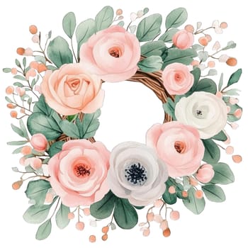 A stunning floral wreath combines delicate pink and white roses with lush green leaves and small berries, creating a soft and inviting ambiance. The arrangement features various flowers, including anemones and peonies, intertwined in a natural vine base. Perfect for enhancing home decor, this wreath can add charm to doorways or walls, making it suitable for seasonal decorations or special occasions throughout the year.