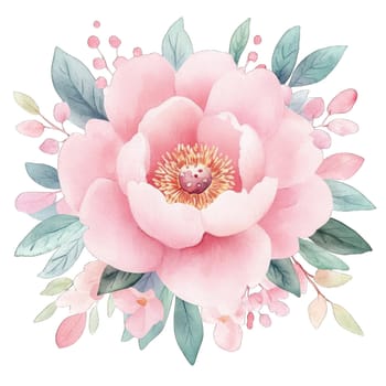 A stunning arrangement of a pink peony flower, adorned with soft petals and intricate details. This floral composition features lush green leaves and gentle pink buds, creating an inviting atmosphere. The overall appearance is delicate and fresh, suitable for decoration or artistic inspiration. Its soft pastel hues evoke a sense of calm and beauty, making it an ideal choice for background art or floral designs.