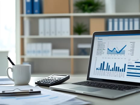 Workplace scene with laptop displaying business analytics and financial charts, alongside a calculator, documents, and a coffee cup on a neat office desk with shelves in the background