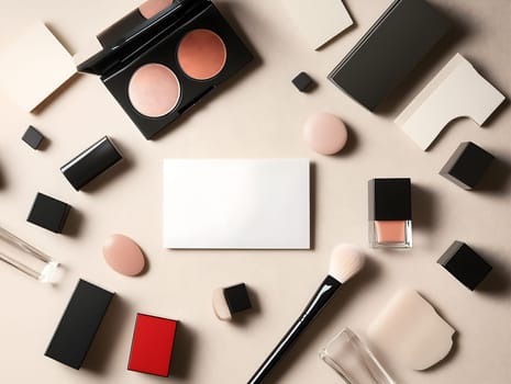 Flat lay composition of assorted cosmetic products and beauty tools arranged around a blank card on beige background, ideal for branding, advertisement, packaging design, and makeup promotion,banner with copy space
