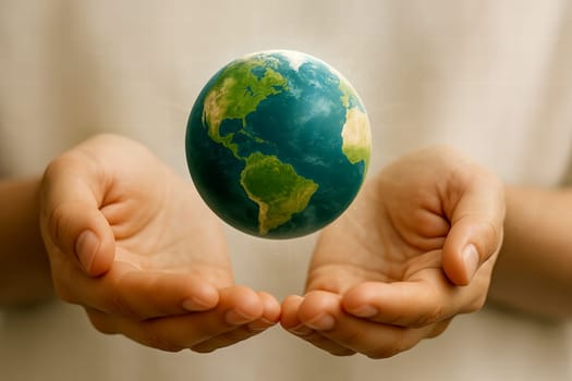 Human hands gently support a glowing Earth. A serene image representing sustainability, hope, and responsibility for our planet’s future. Poetic and inspiring visual.