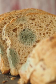 Slices of bread show mold growth, resting on a wooden surface.
