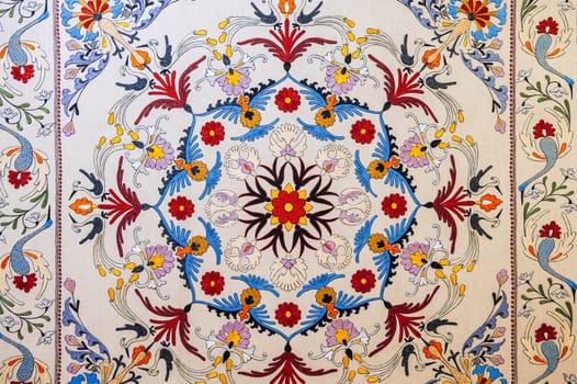 oriental Uzbek carpet with traditional geometric pattern. Vintage handmade Turkish carpet
