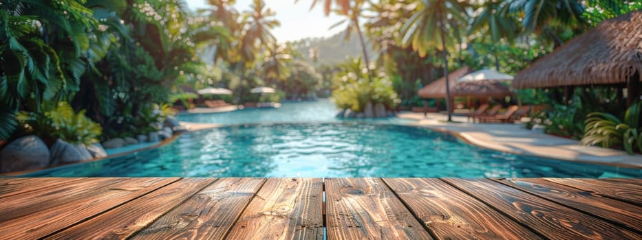 A wooden deck overlooking a luxurious tropical pool, surrounded by lush palm trees and exotic plants. A serene and inviting summer vacation scene. Space for text on wooden planks.