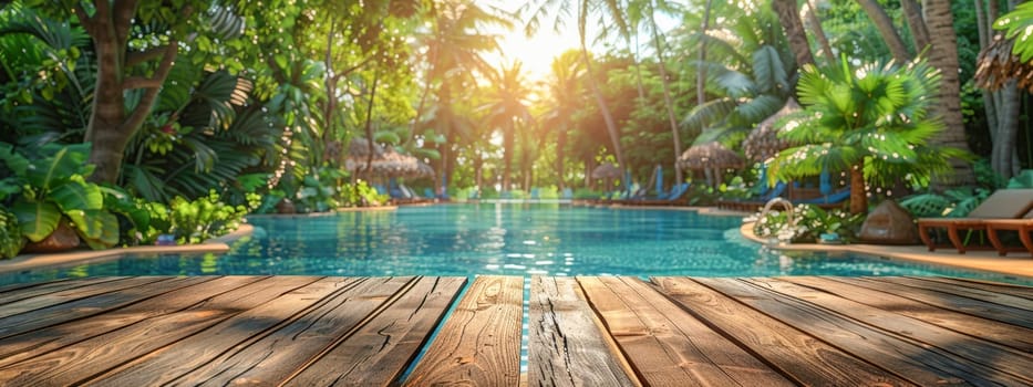 A stunning resort pool surrounded by tropical plants, palm trees, and sun loungers under the warm sunlight. A dreamy summer vacation setting. Space for text on the wooden deck.