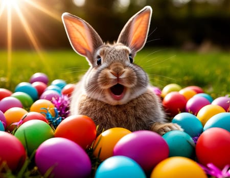 Image of a joyful bunny surrounded by vibrant Easter eggs in a grassy field.
