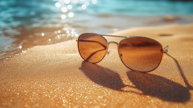 Aviator sunglasses placed on wet sand with the ocean gently lapping nearby, capturing the essence of a perfect summer beach vacation.