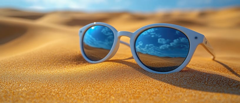 A pair of stylish white sunglasses rest on golden sand, reflecting a bright blue sky with fluffy clouds. A perfect summer vacation and travel concept.