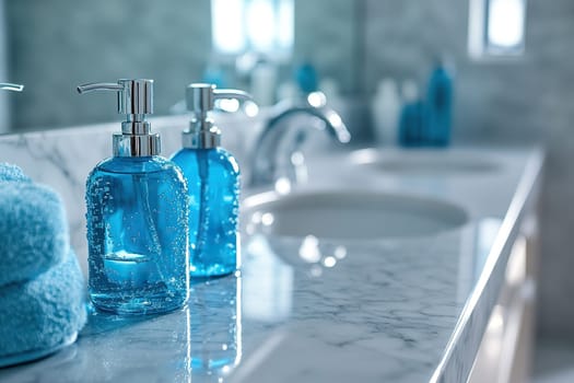 Bathroom. Close-up of a dispenser with blue liquid soap near a sink.