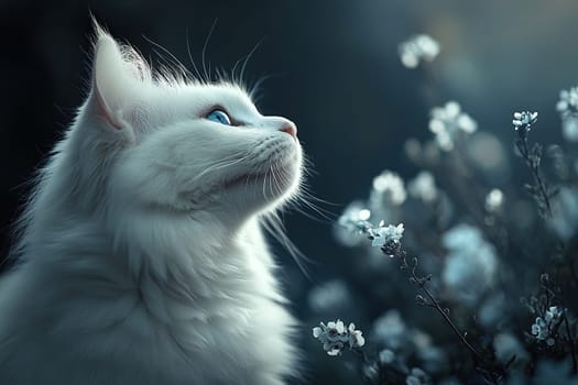 Adorable white Persian cat with blue eyes sits and looks up against a blurred blue background with flowers.