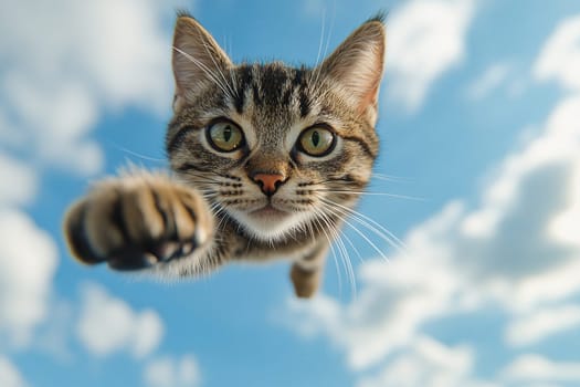 A gray tabby cat flies down with one paw forward.